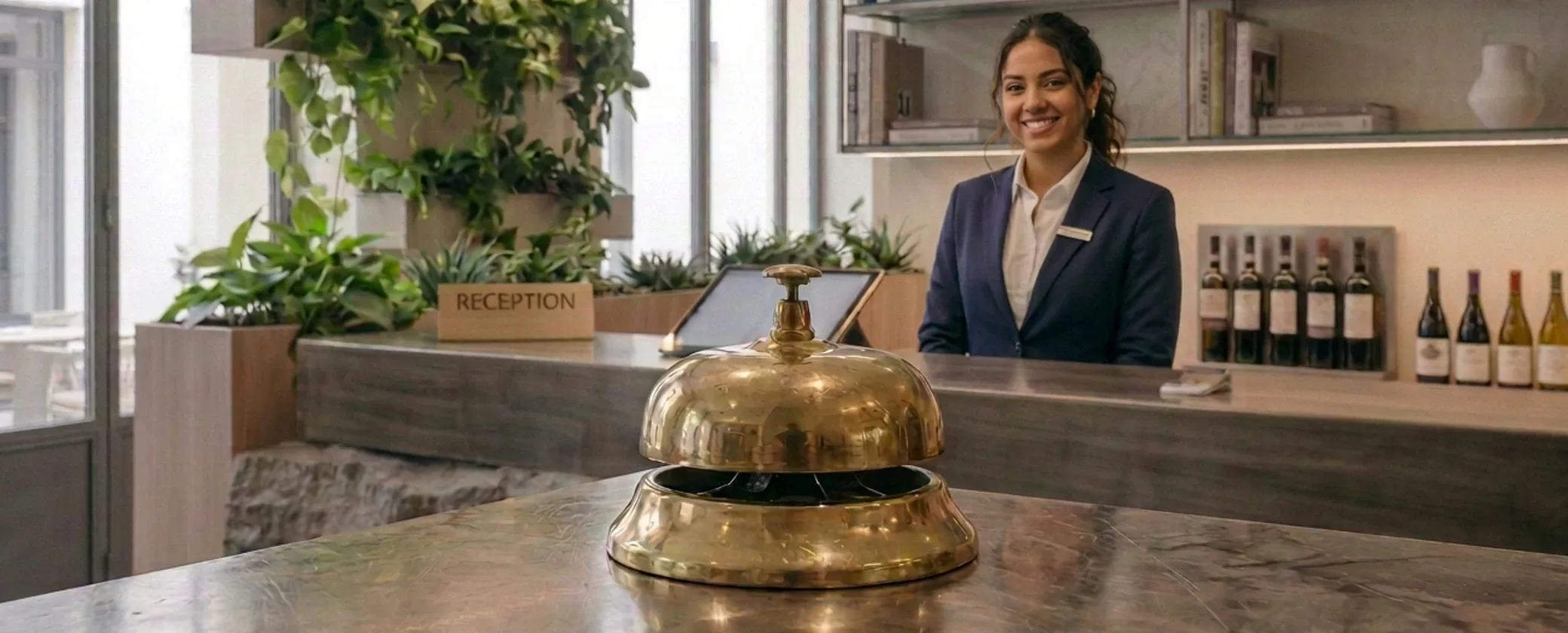 A brass bell in the foreground on a reception desk, with the person welcoming guests behind the counter.