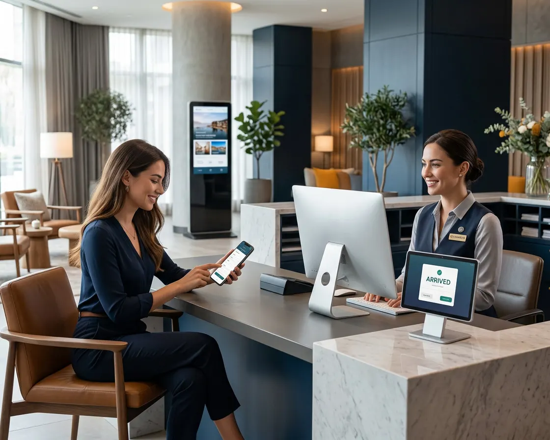 Al banco di una reception, una persona seduta fa il check-in dal telefono, e dall'altra parte il tablet dello staff segna l'arrivo.