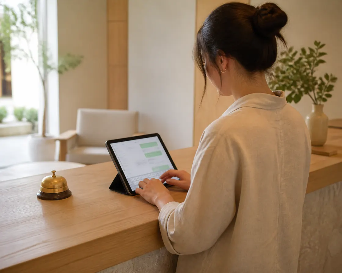 A staff member at the front desk, seen from behind, types on a tablet with a chat open; beside it, a brass bell on the light wooden counter.
