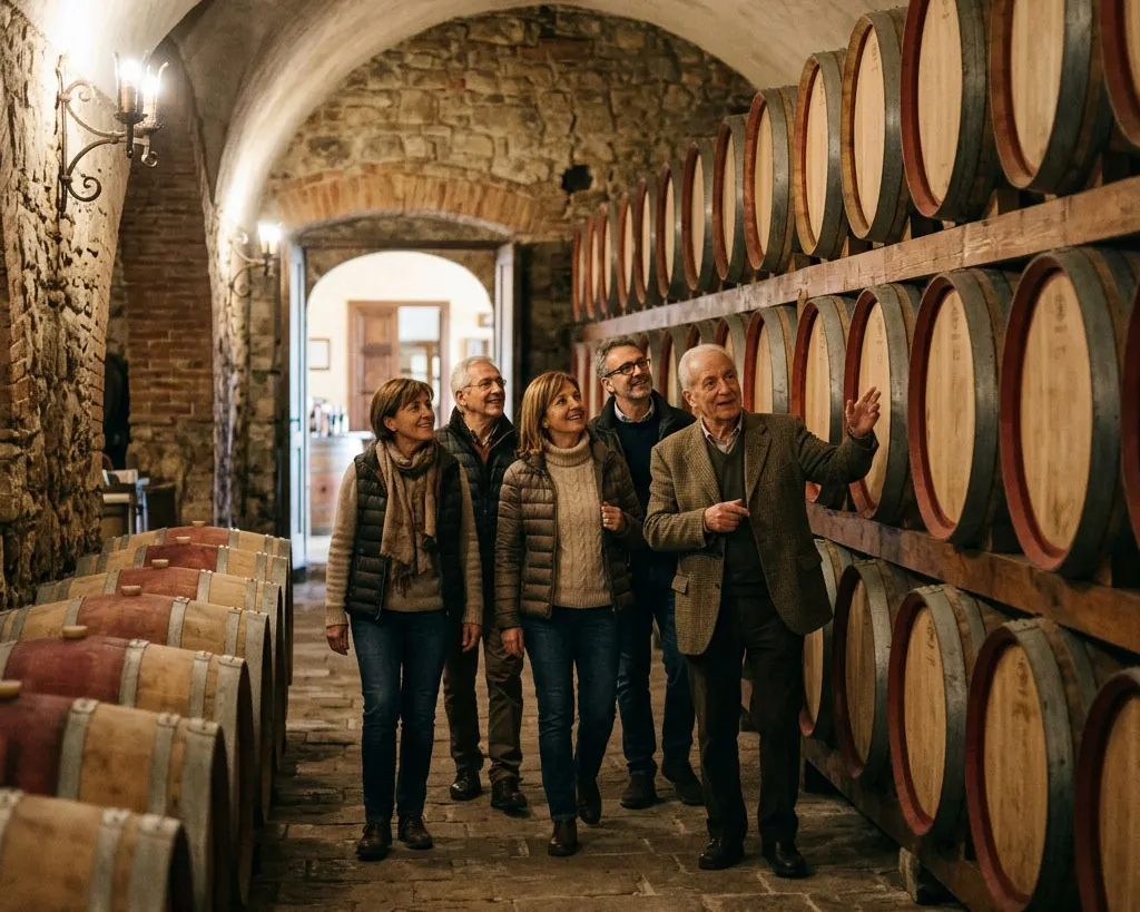 A guided visit in a winery, between the rows of oak barrels under the brick vault.