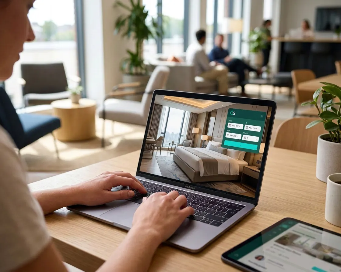 Someone booking on a laptop in a bright lounge: on screen, over a photo of a room, the panel for choosing dates and guests.