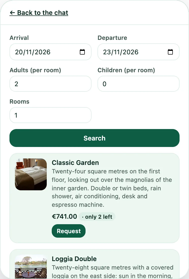 The ConSergio widget on the Hotel Aurora website: a search for two adults from 20 to 23 November and the first free rooms, with the price of the stay and the Request button.