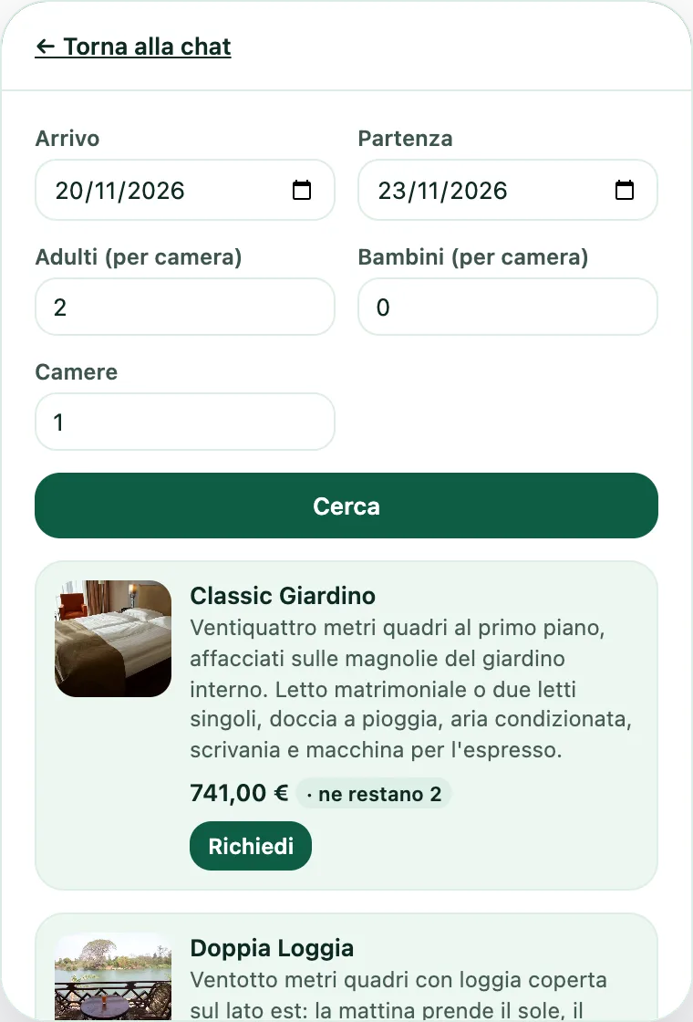 Il widget di ConSergio sul sito di Hotel Aurora: la ricerca per due adulti dal 20 al 23 novembre e le prime camere libere, con il prezzo del soggiorno e il bottone Richiedi.
