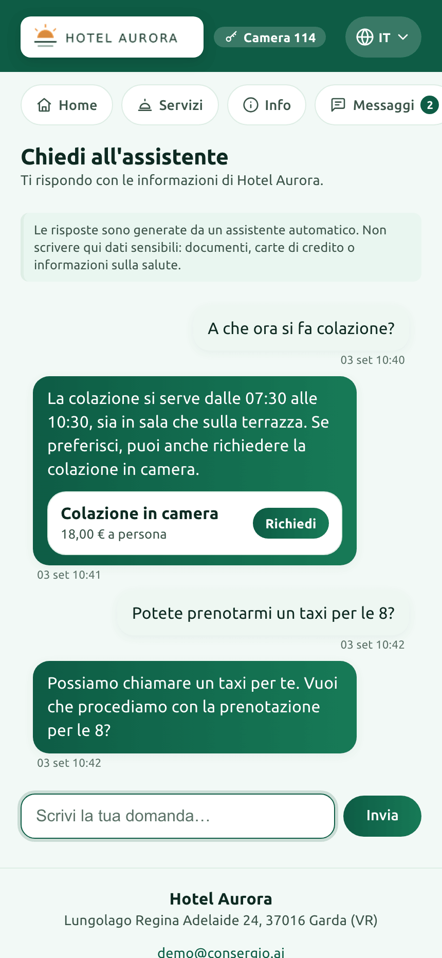 A screen of the guest app: asked about breakfast times the assistant answers “from 07:30 to 10:30” and offers breakfast in the room at 18 euro, with a button to request it.