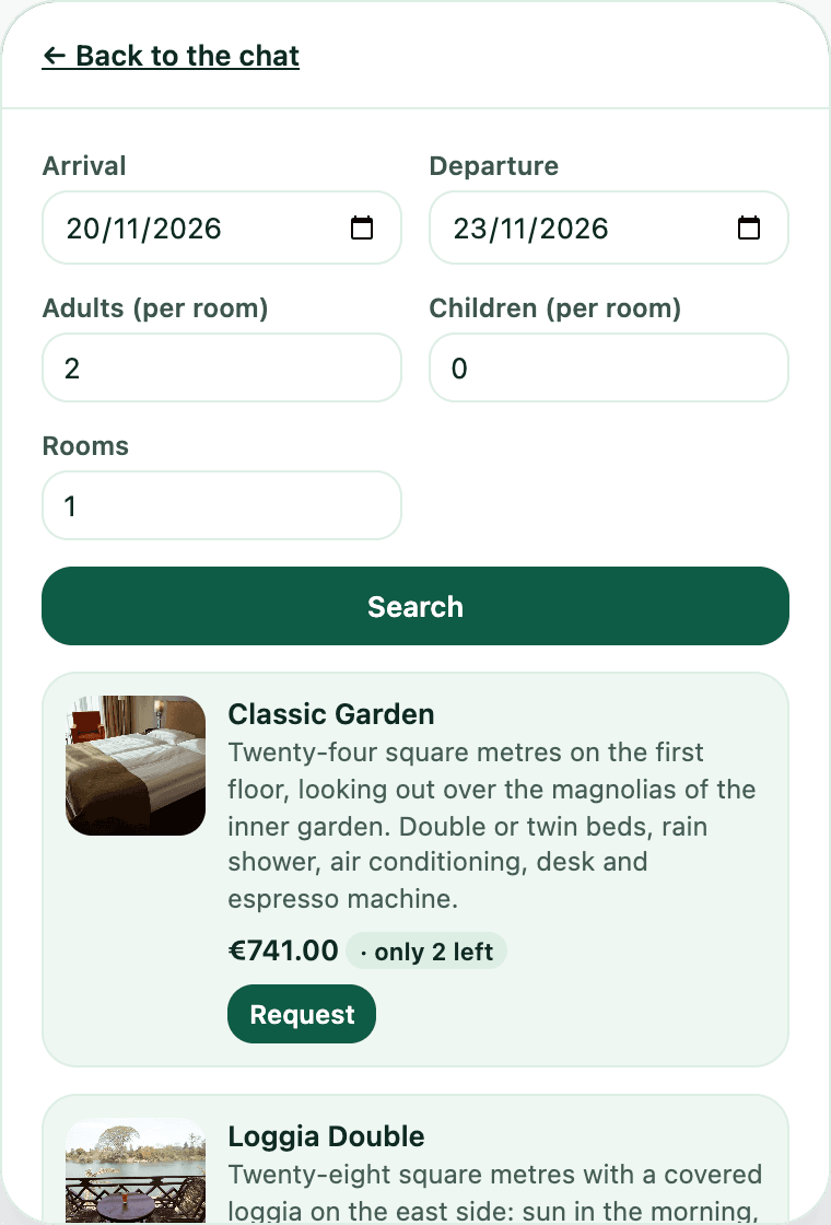 The ConSergio widget on the website of Hotel Aurora, a sample hotel: a search for two adults from 20 to 23 November and the first free rooms, with the price of the stay and the Request button.