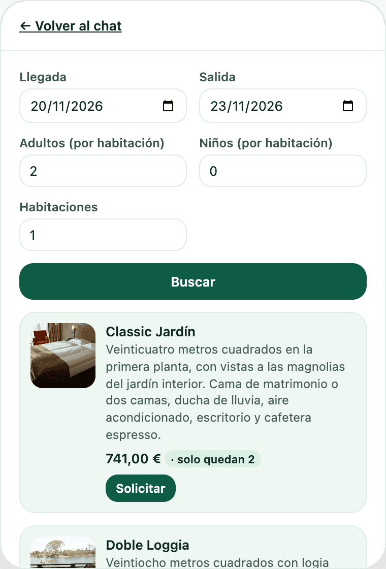 El widget de ConSergio en la web de Hotel Aurora, un hotel de prueba: la búsqueda para dos adultos del 20 al 23 de noviembre y las primeras habitaciones libres, con el precio de la estancia y el botón Solicitar.