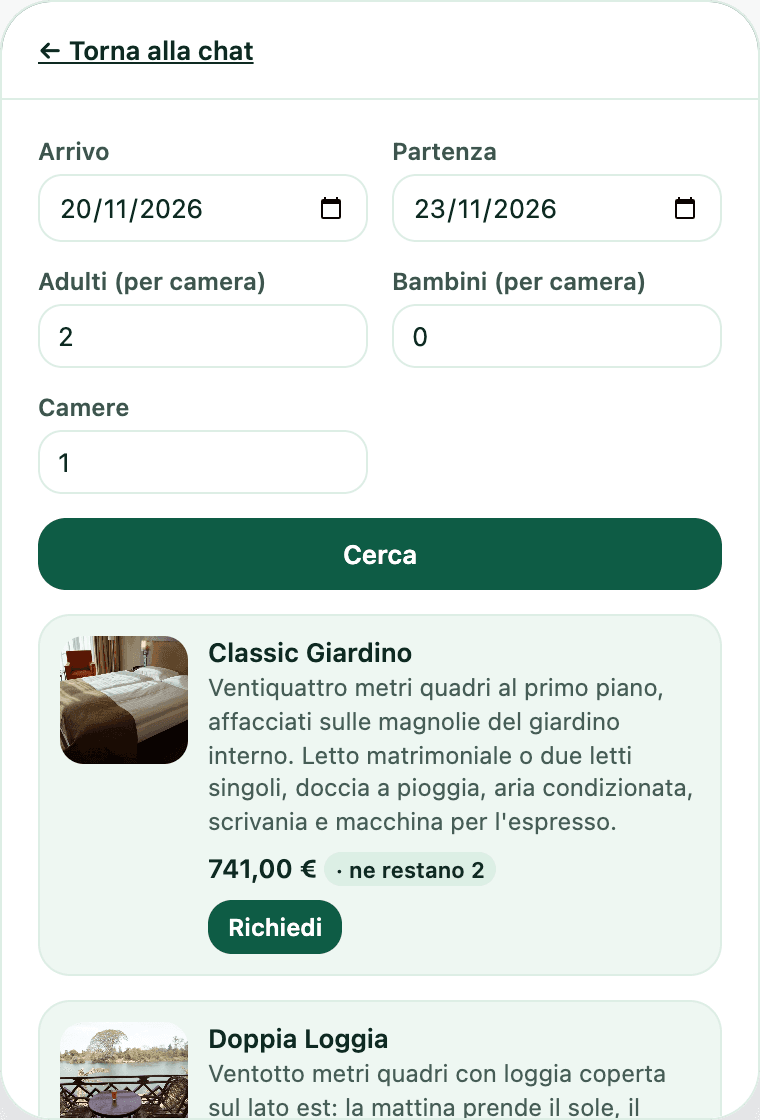 Il widget di ConSergio sul sito di Hotel Aurora, un hotel di prova: la ricerca per due adulti dal 20 al 23 novembre e le prime camere libere, con il prezzo del soggiorno e il bottone Richiedi.